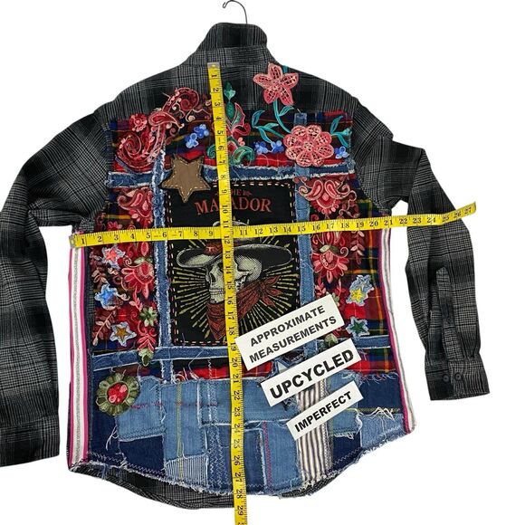 Upcycled Flannel Shirt Shacket Womens Large Skull Cowboy Jacket Grunge Patchwork - Picture 3 of 15